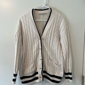Loft White Cable Knit Cardigan with Black Trim